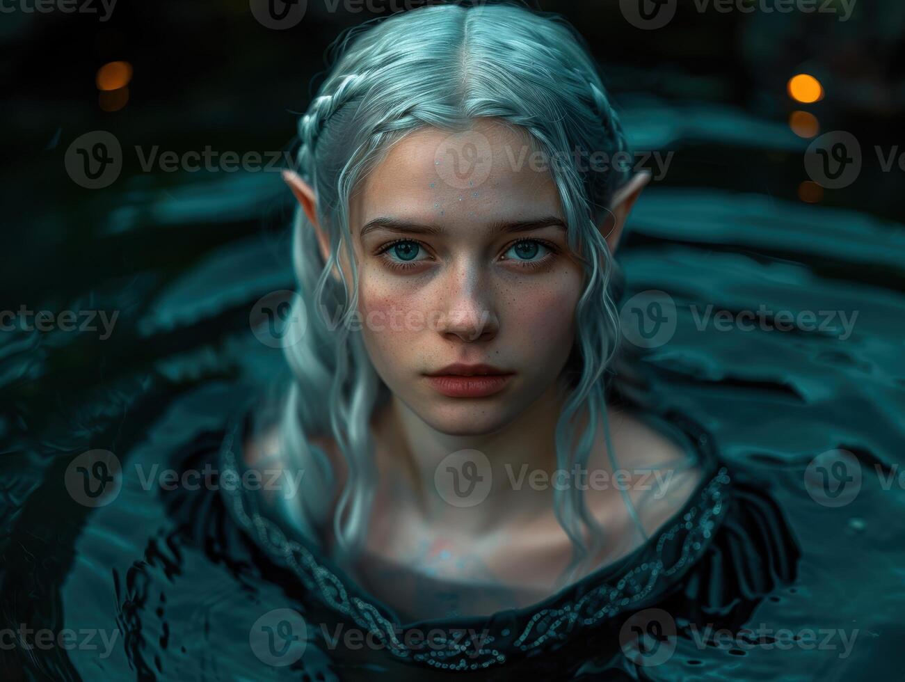 Ethereal elf like woman with piercing blue eyes and flowing silver hair photo