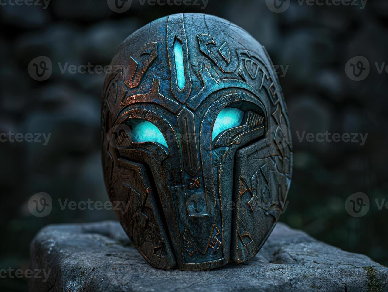 Intricate carved mask with glowing blue eyes photo