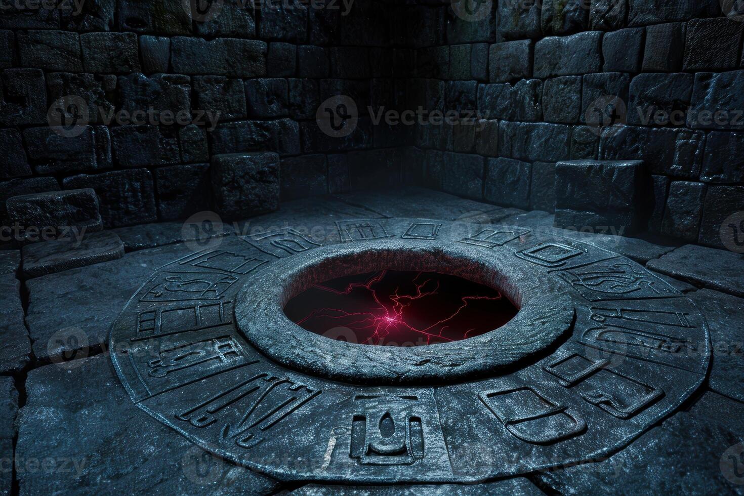 Mysterious glowing portal in ancient stone chamber photo