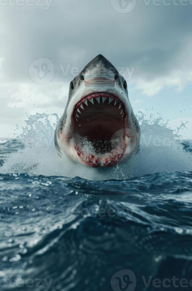 Fearsome great white shark with open jaws emerging from the ocean photo