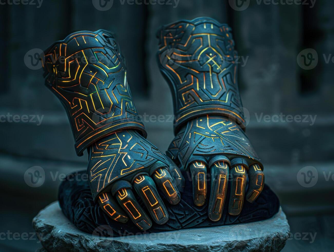 Futuristic robotic gloves with intricate patterns photo