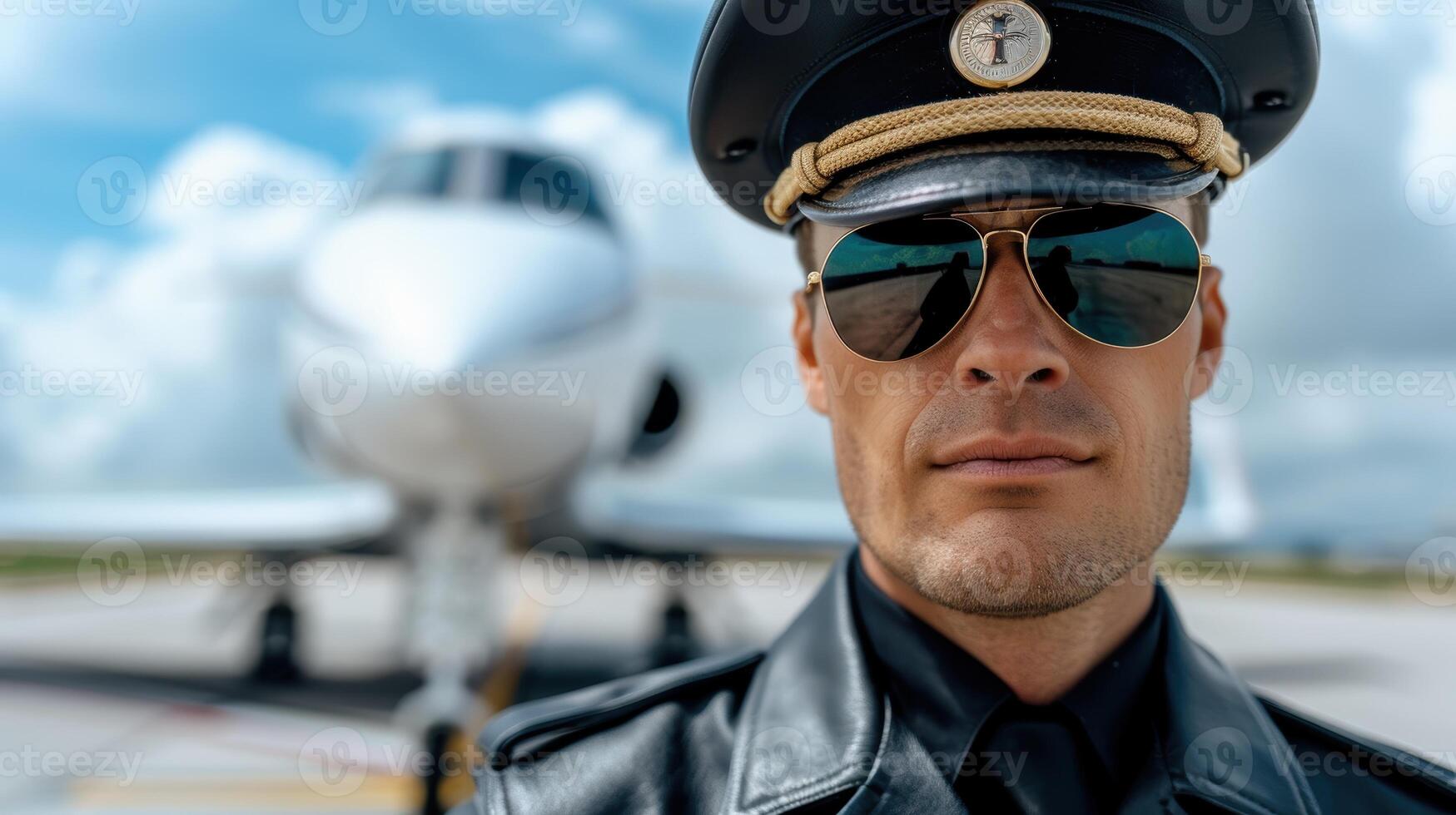 Pilot in uniform with sunglasses standing in front of private jet photo