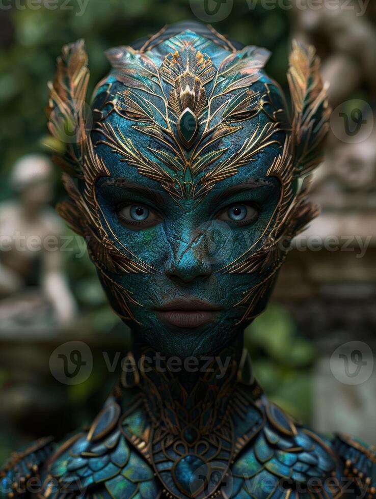 Mystical fantasy portrait with intricate feather pattern photo