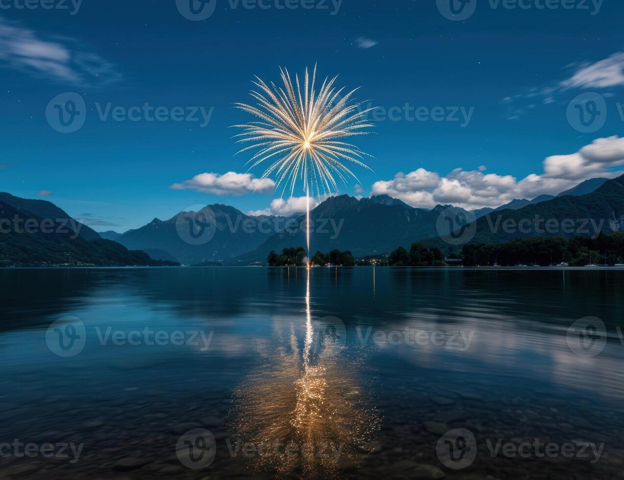 Stunning fireworks display over a serene lake with mountain backdrop photo