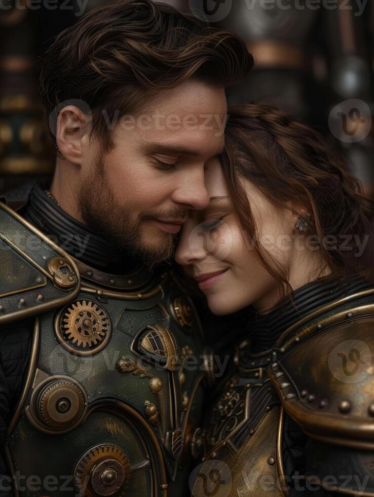 Intimate moment between two people in steampunk attire photo
