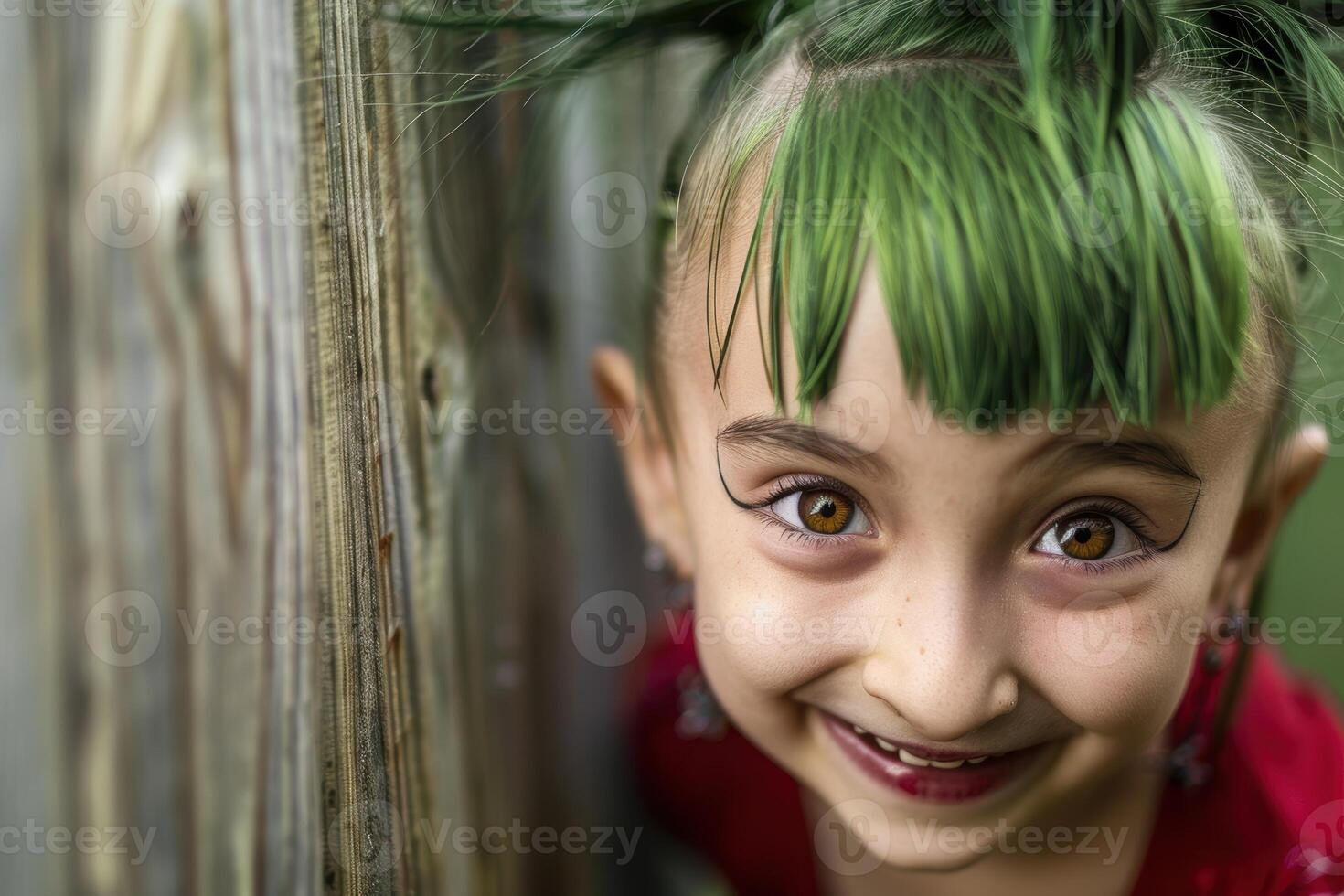 Smiling child with vibrant green hair photo