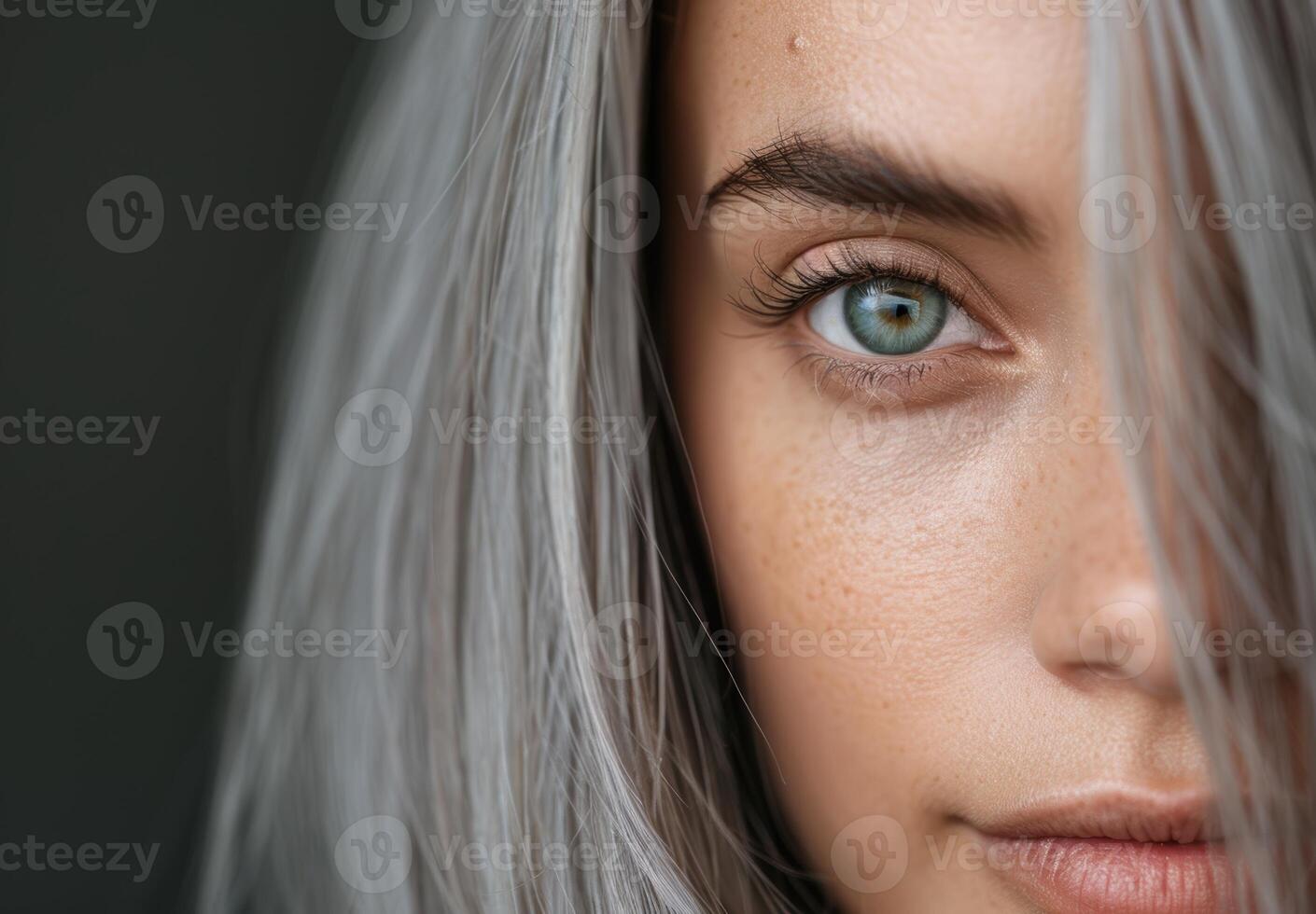 close up of a womans face with grey hair and green eyes photo