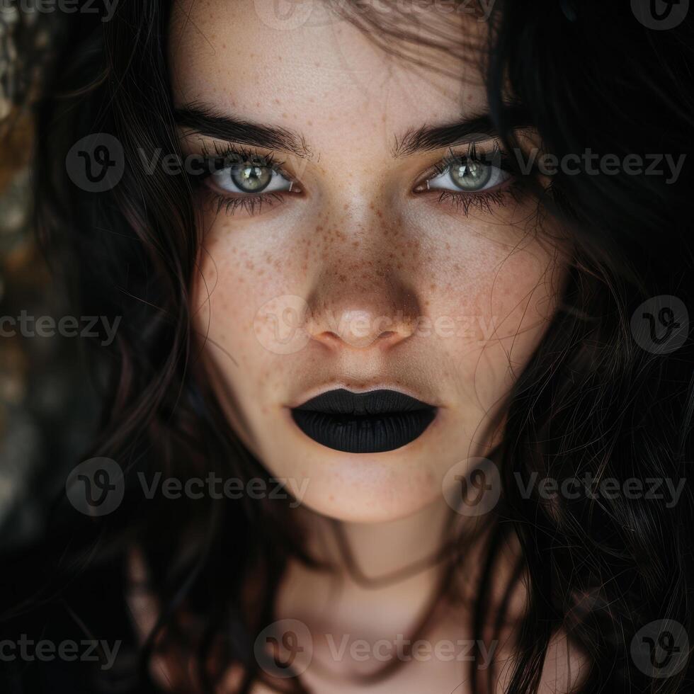 Mysterious woman with dark makeup and intense gaze photo