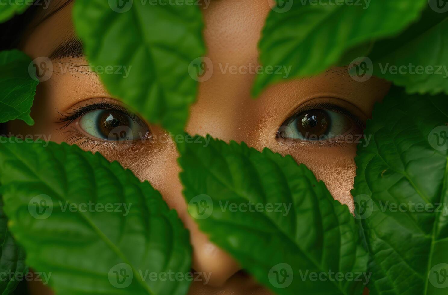 Mysterious eyes peeking through lush green leaves photo
