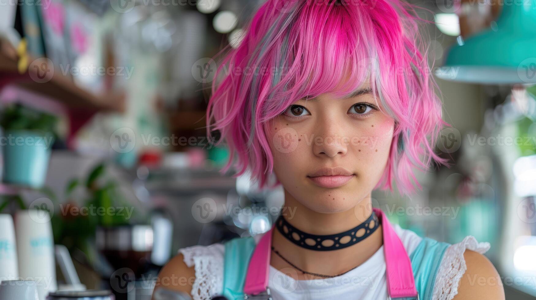 young woman with vibrant pink hair photo