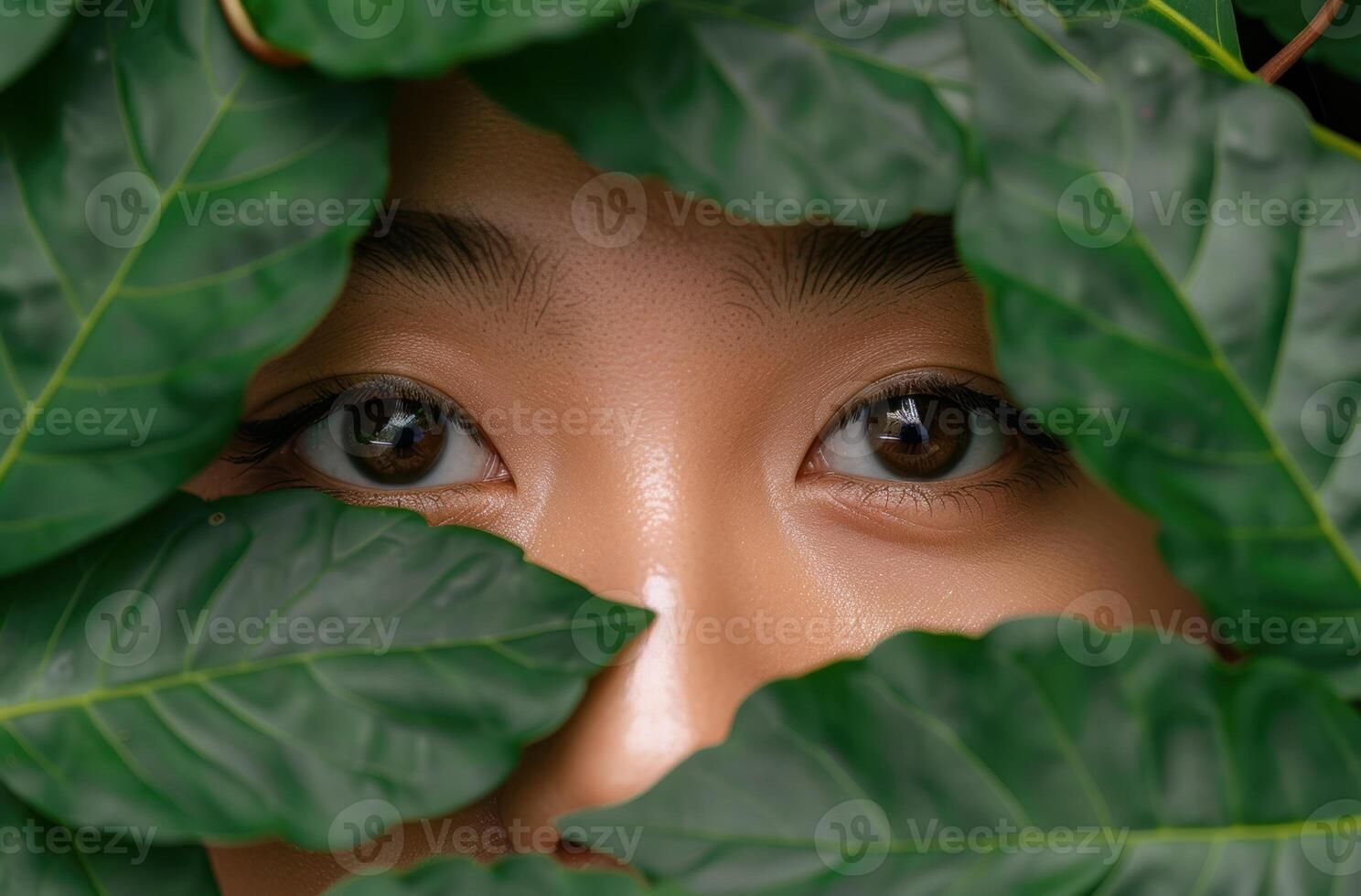 eyes peeking through green leaves photo