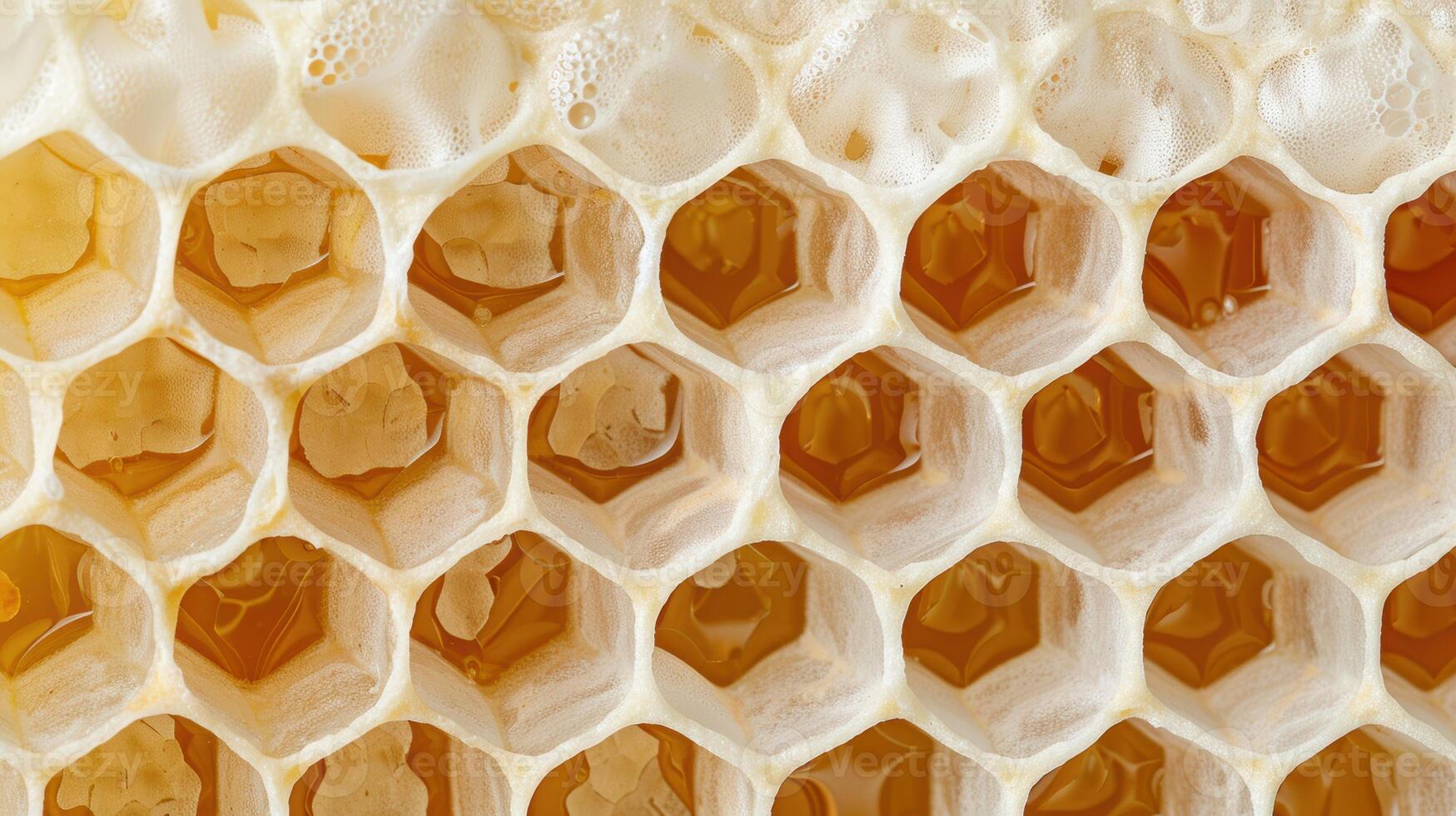 close up of honeycomb structure filled with golden honey photo