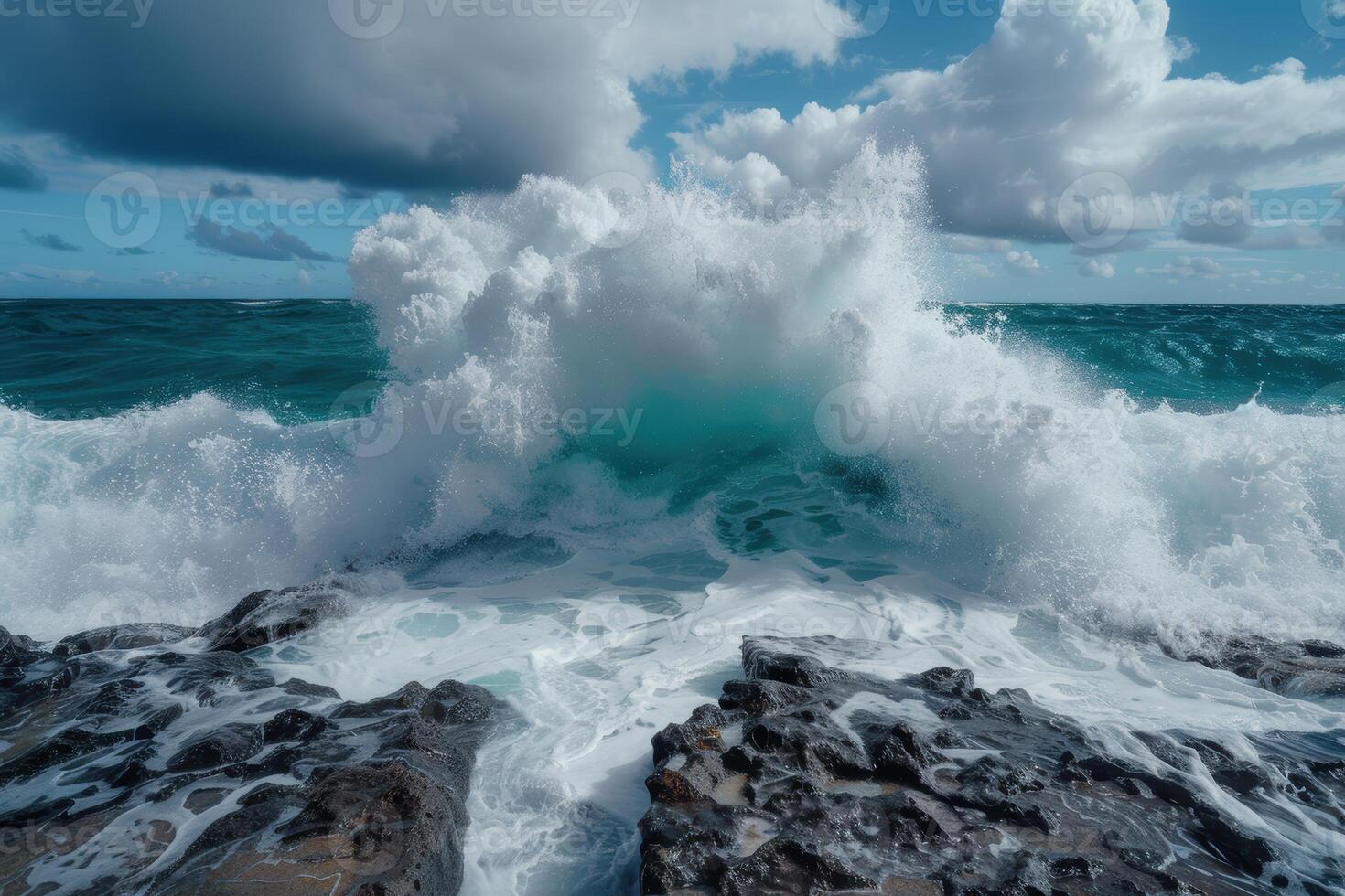Powerful ocean wave crashing against rocks photo