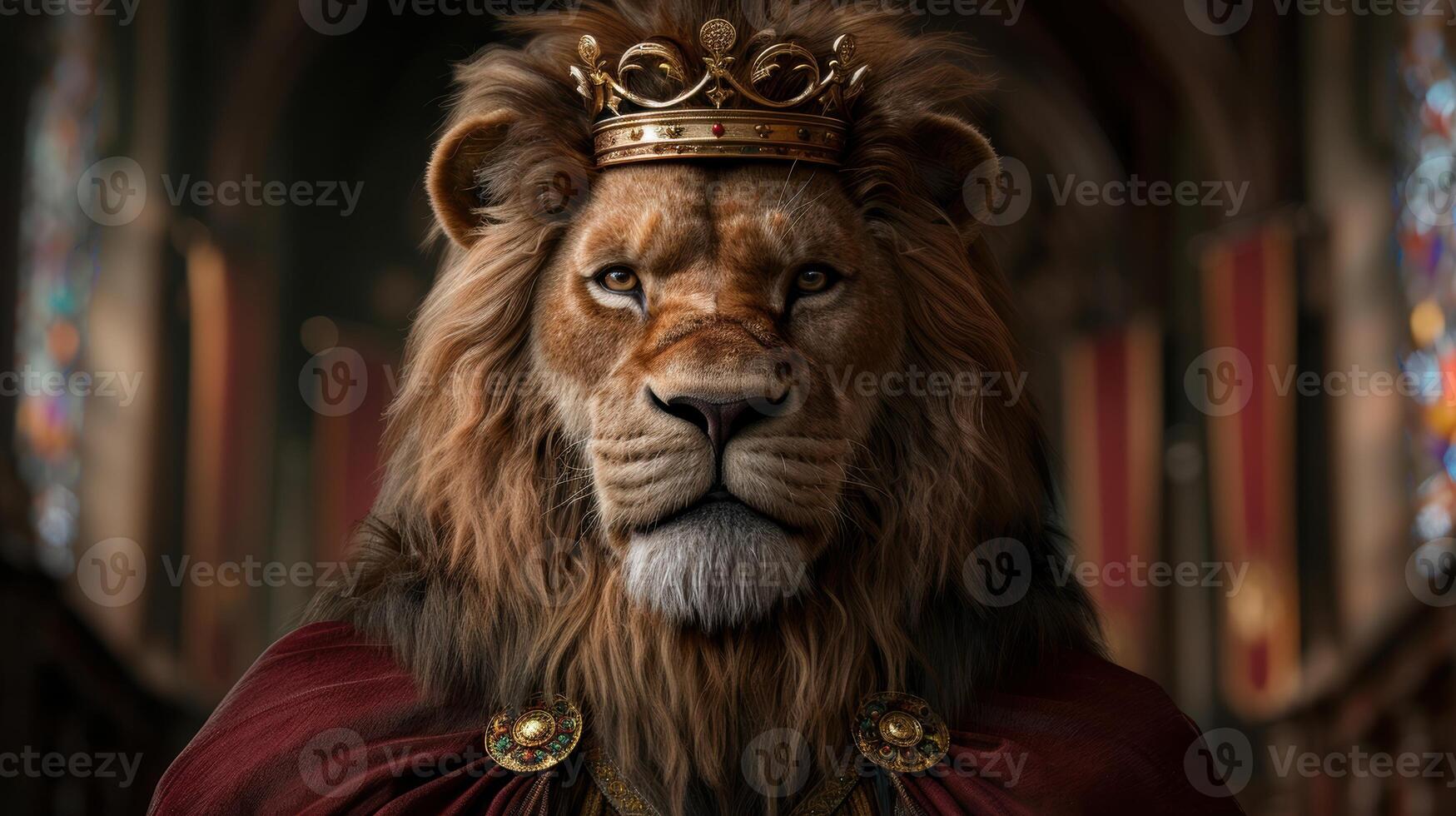 Majestic lion wearing a golden crown photo