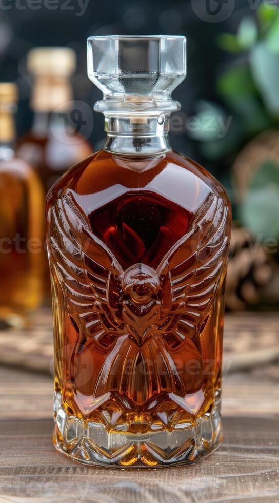 Elegant crystal decanter filled with amber colored liquor photo