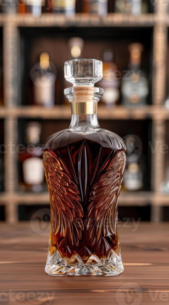 Elegant crystal decanter with amber colored liquor photo