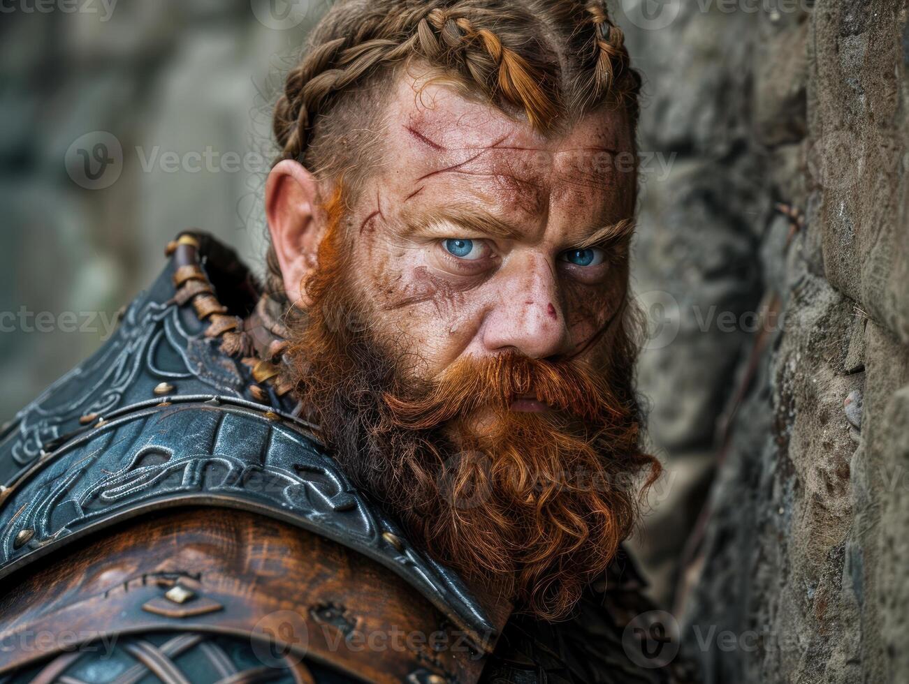 Rugged warrior with braided beard and piercing blue eyes photo