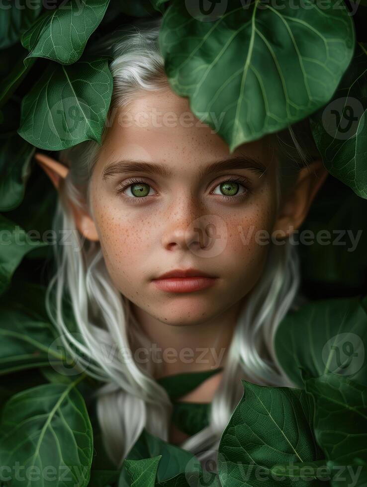 Ethereal elf like figure in lush greenery photo