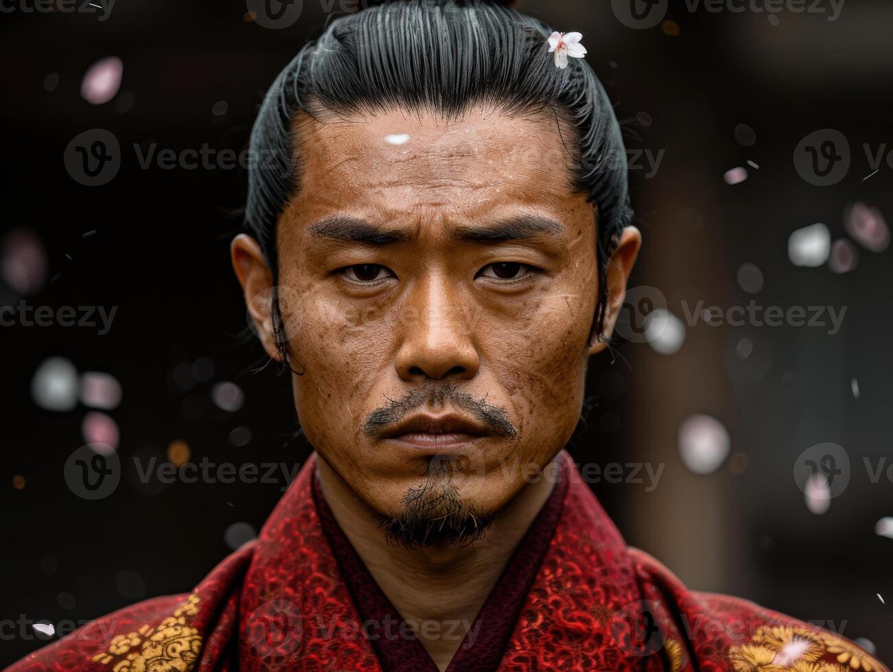 Serious asian man with traditional clothing and flower in hair photo