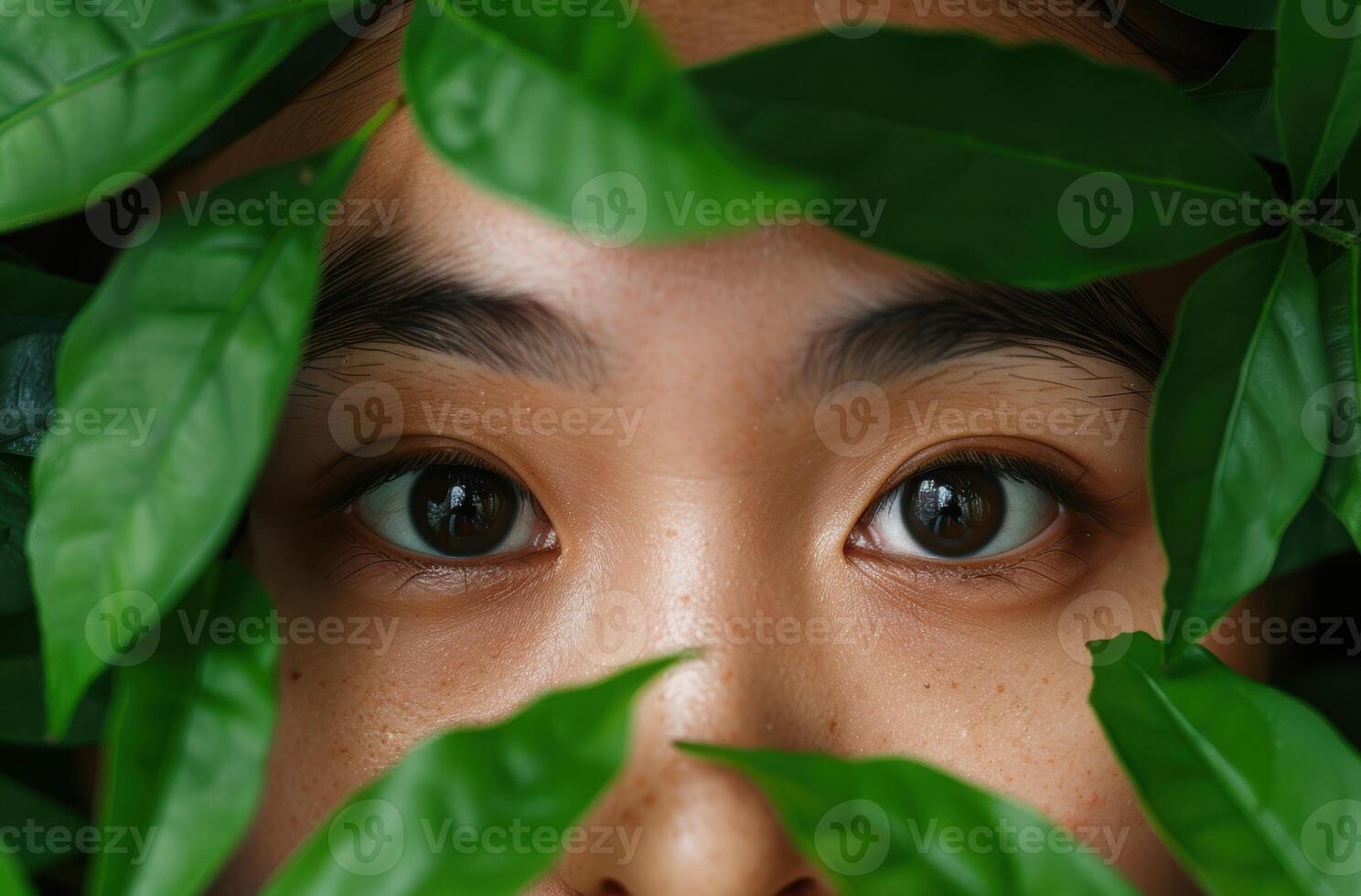 eyes peeking through green leaves photo