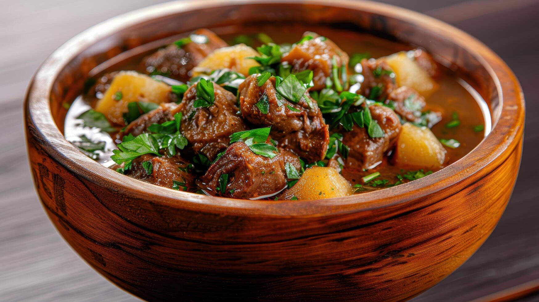 Hearty beef stew with vegetables in a wooden bowl photo