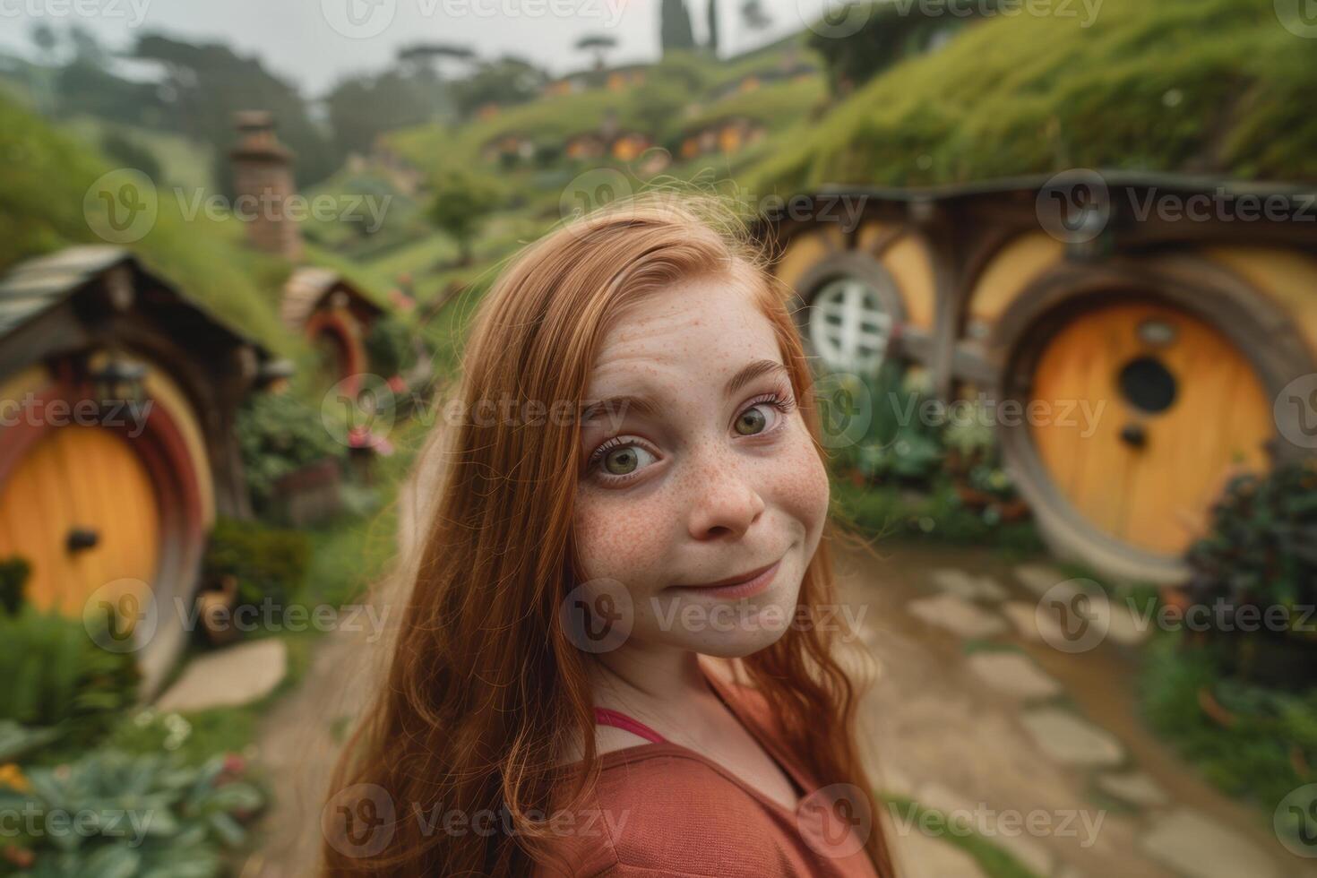 Smiling woman in front of colorful hobbit style houses photo