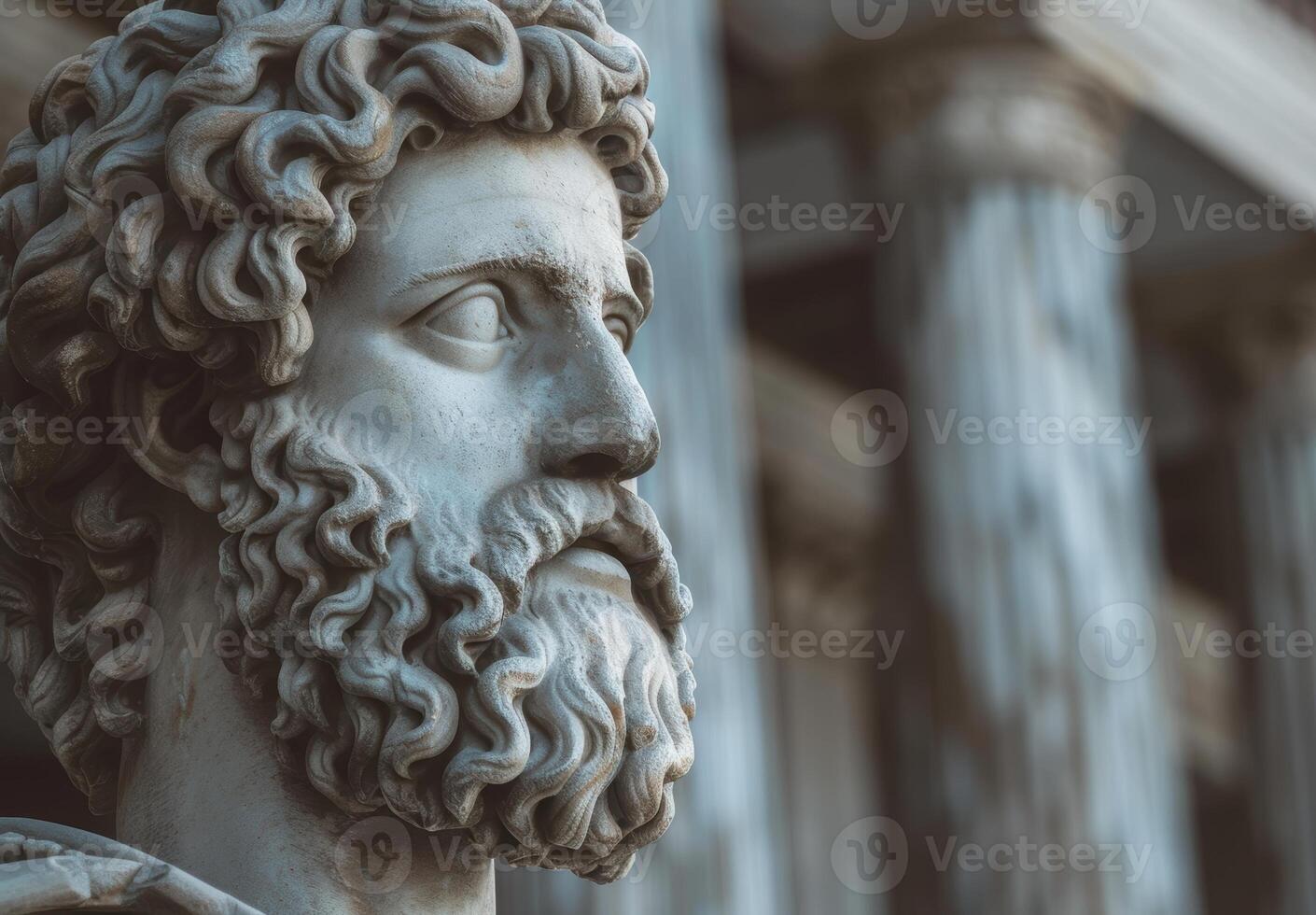 Detailed sculpture of a pensive figure with curly hair and beard photo
