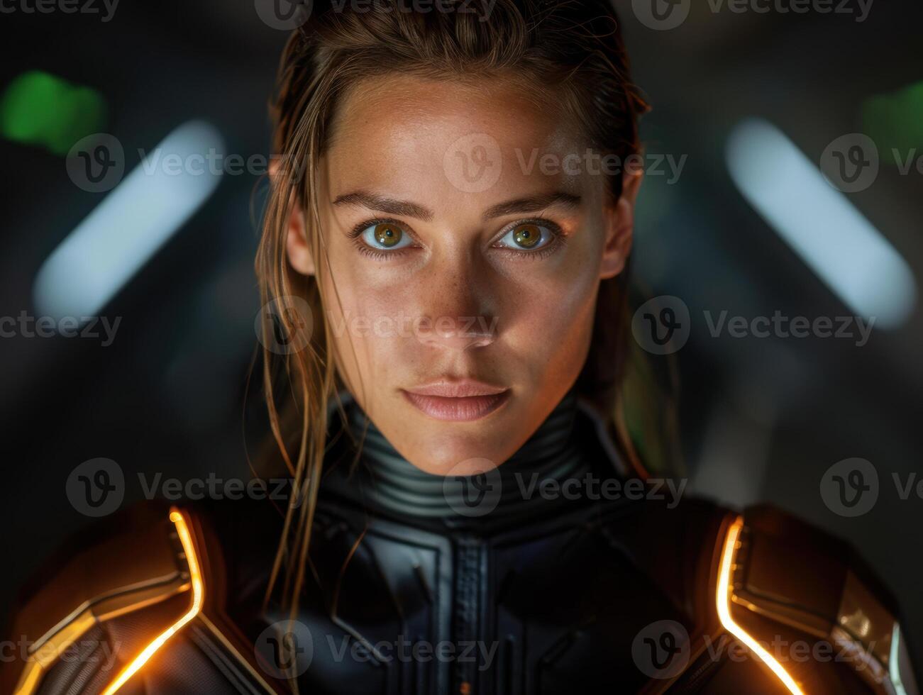 Powerful woman in futuristic armor photo