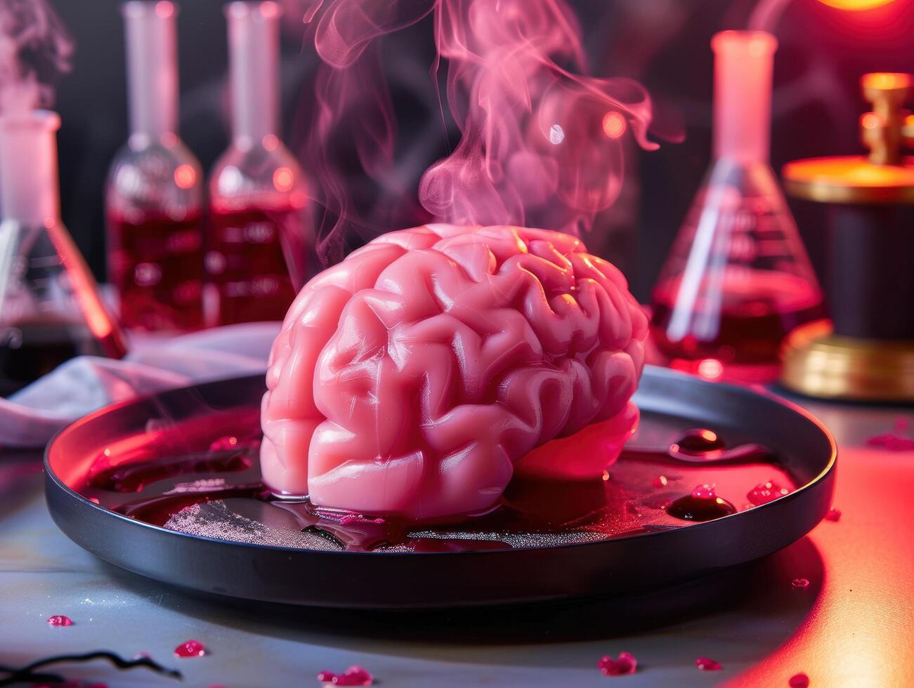 Surreal brain on a dark table with smoke and glassware photo