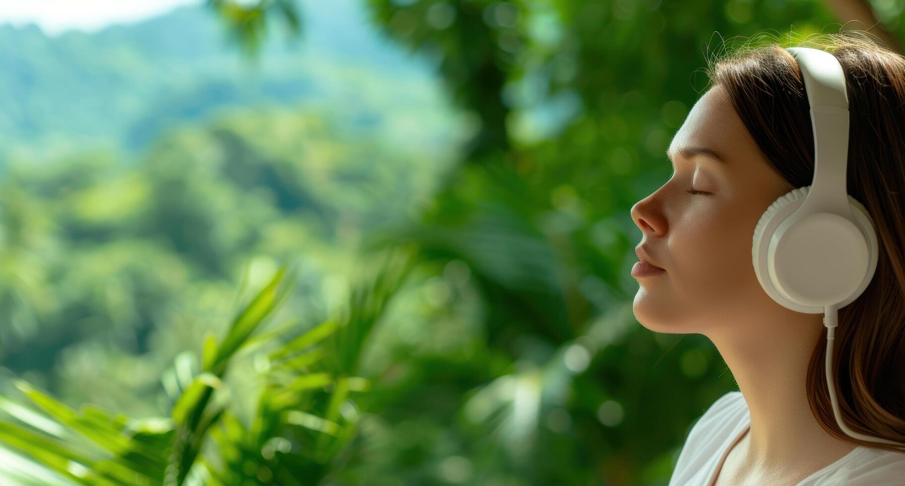 woman listening to music in nature photo