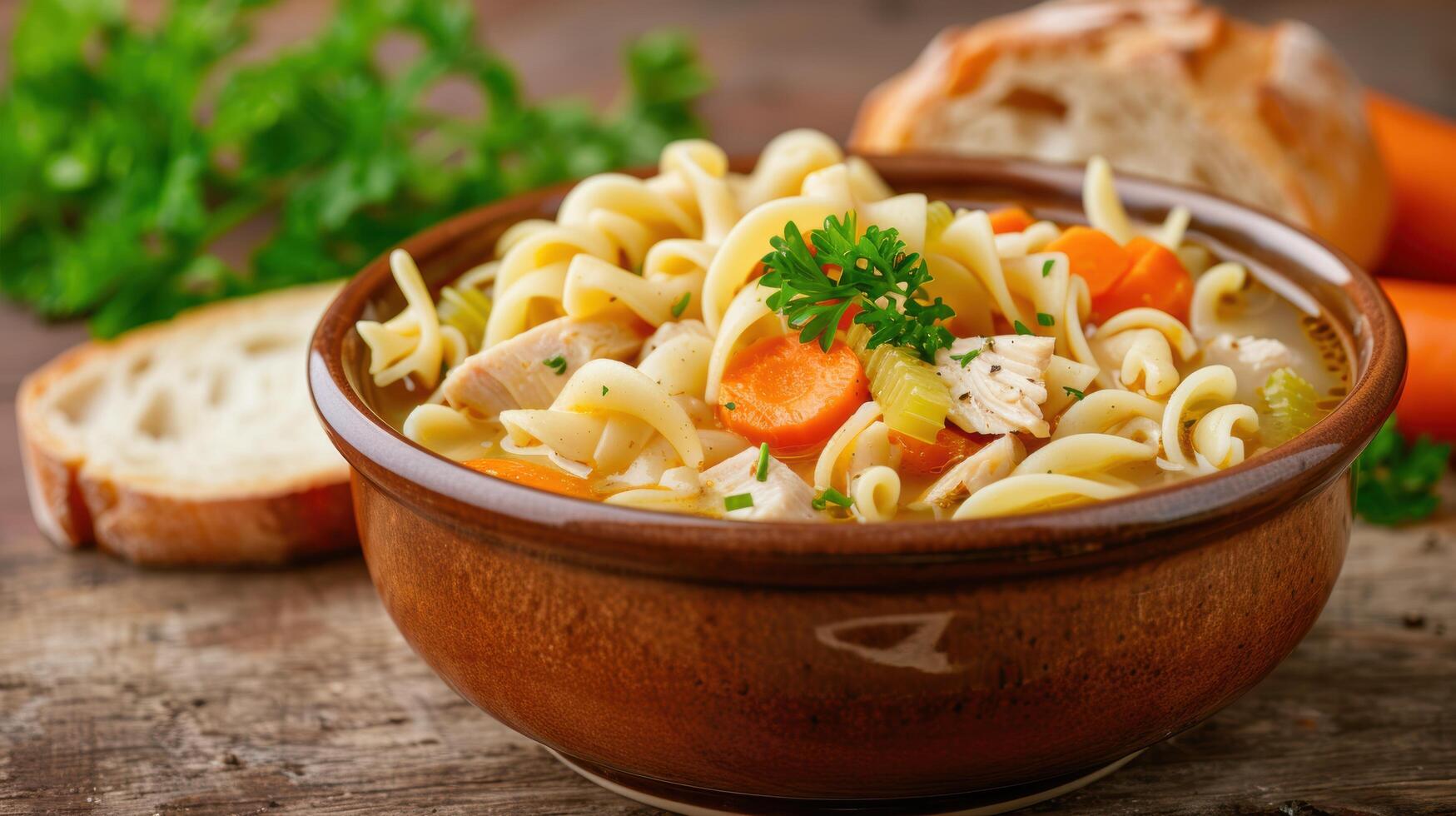 Hearty chicken noodle soup in a rustic bowl photo