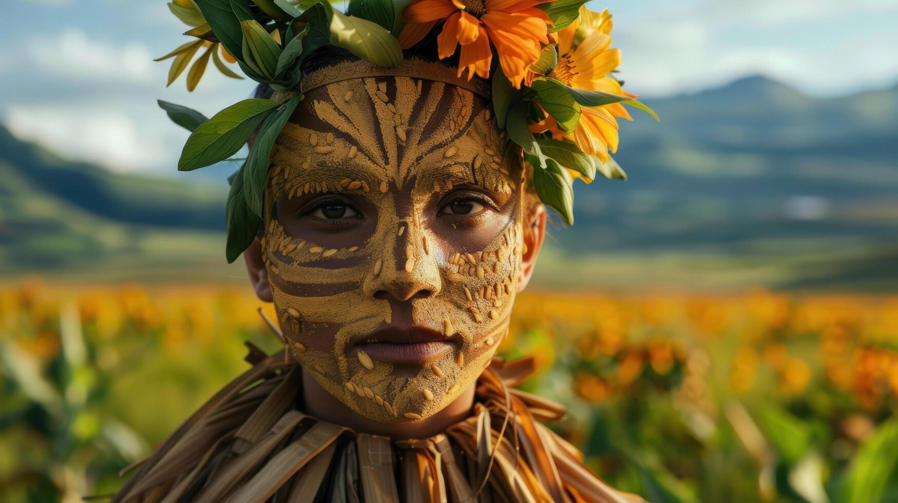 Tribal face paint and flower crown in field photo