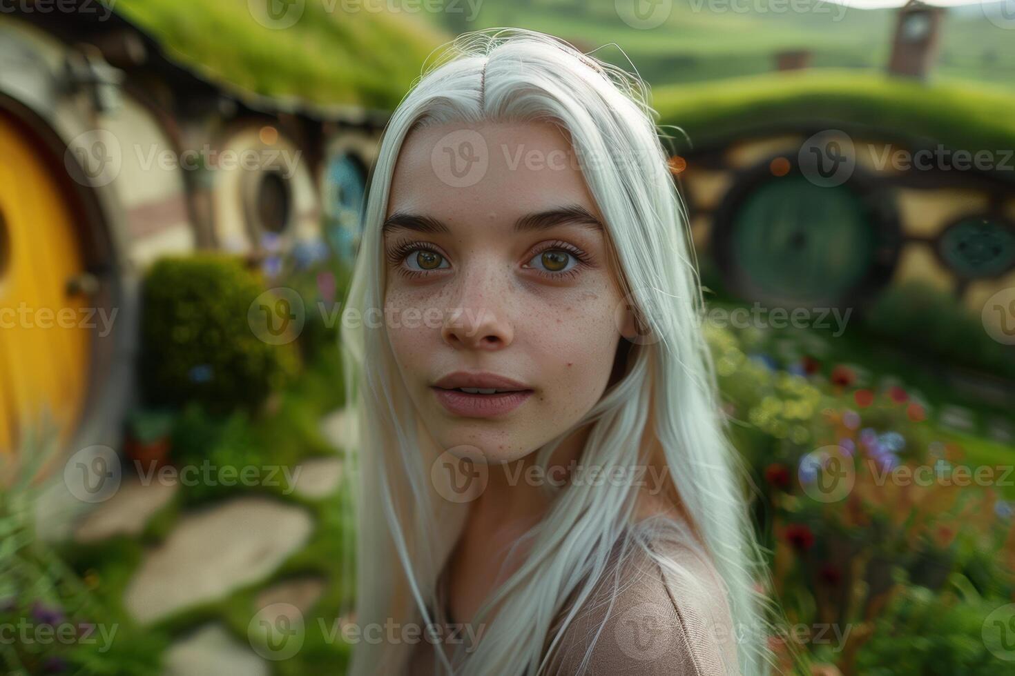 Thoughtful woman with platinum blonde hair in a natural setting photo
