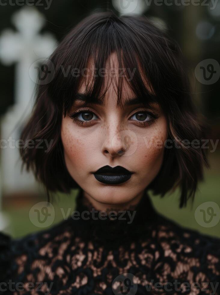 Mysterious woman with dark makeup and short hair photo