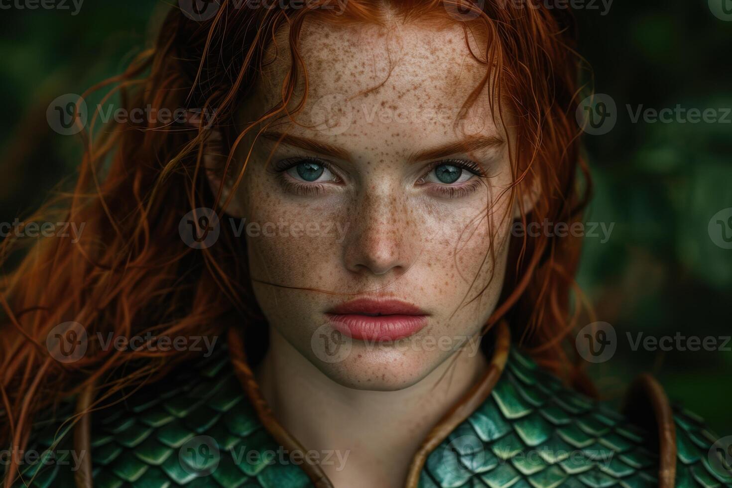Redheaded woman with freckles and green eyes photo