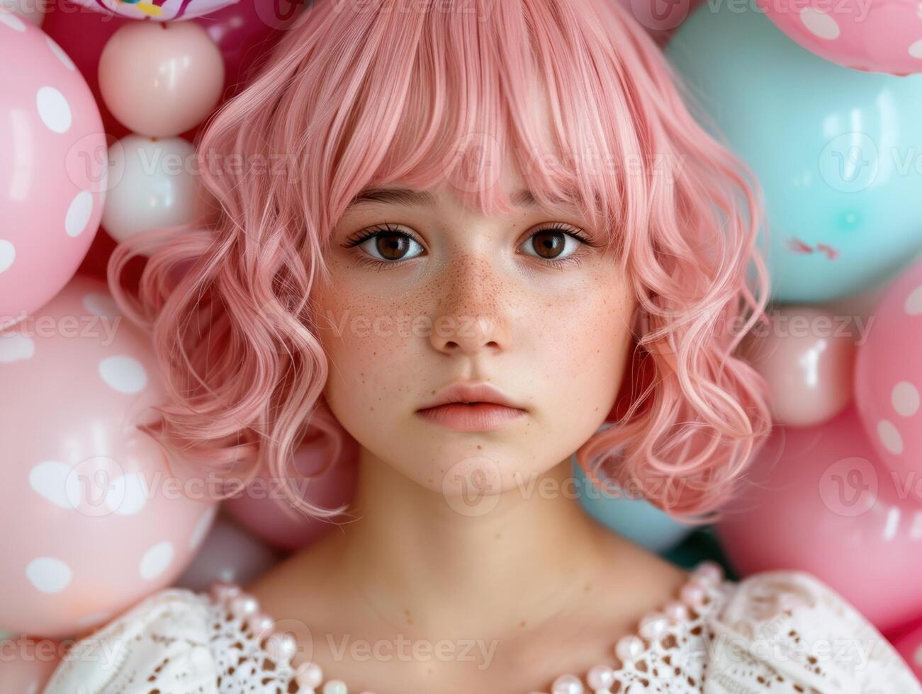 young girl with pink curly hair photo