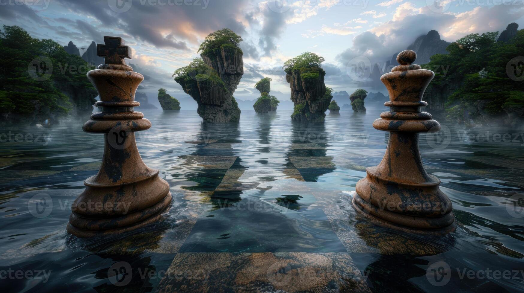 Surreal landscape with floating islands and chess pieces photo