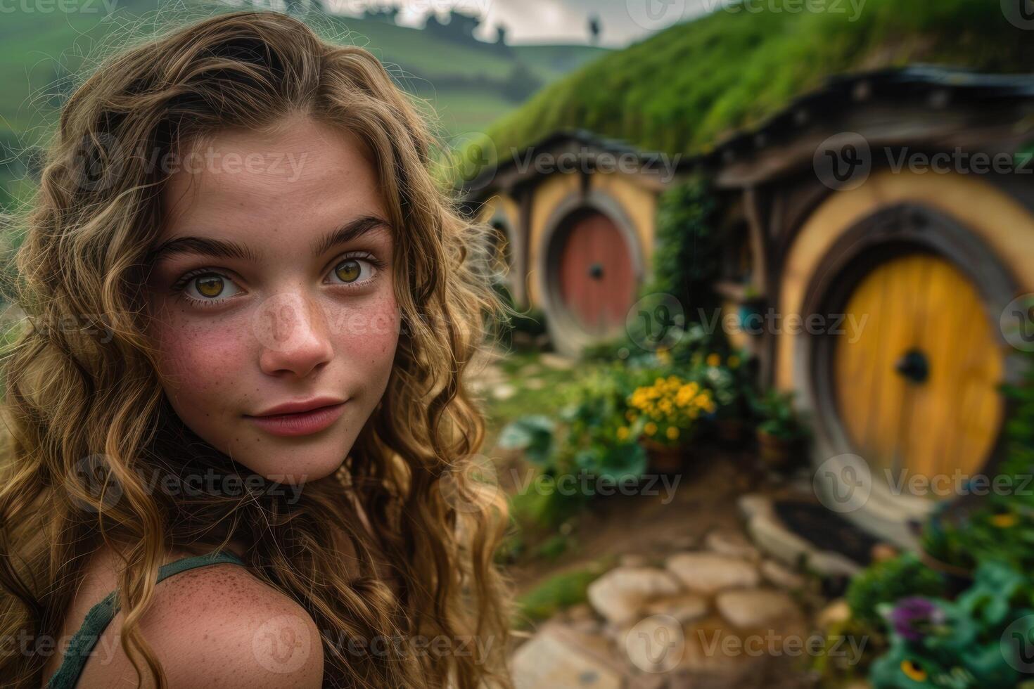 young woman with curly hair in front of hobbit house photo