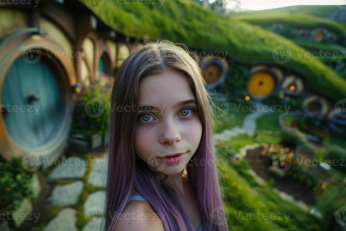 young woman with purple hair in front of colorful mural photo