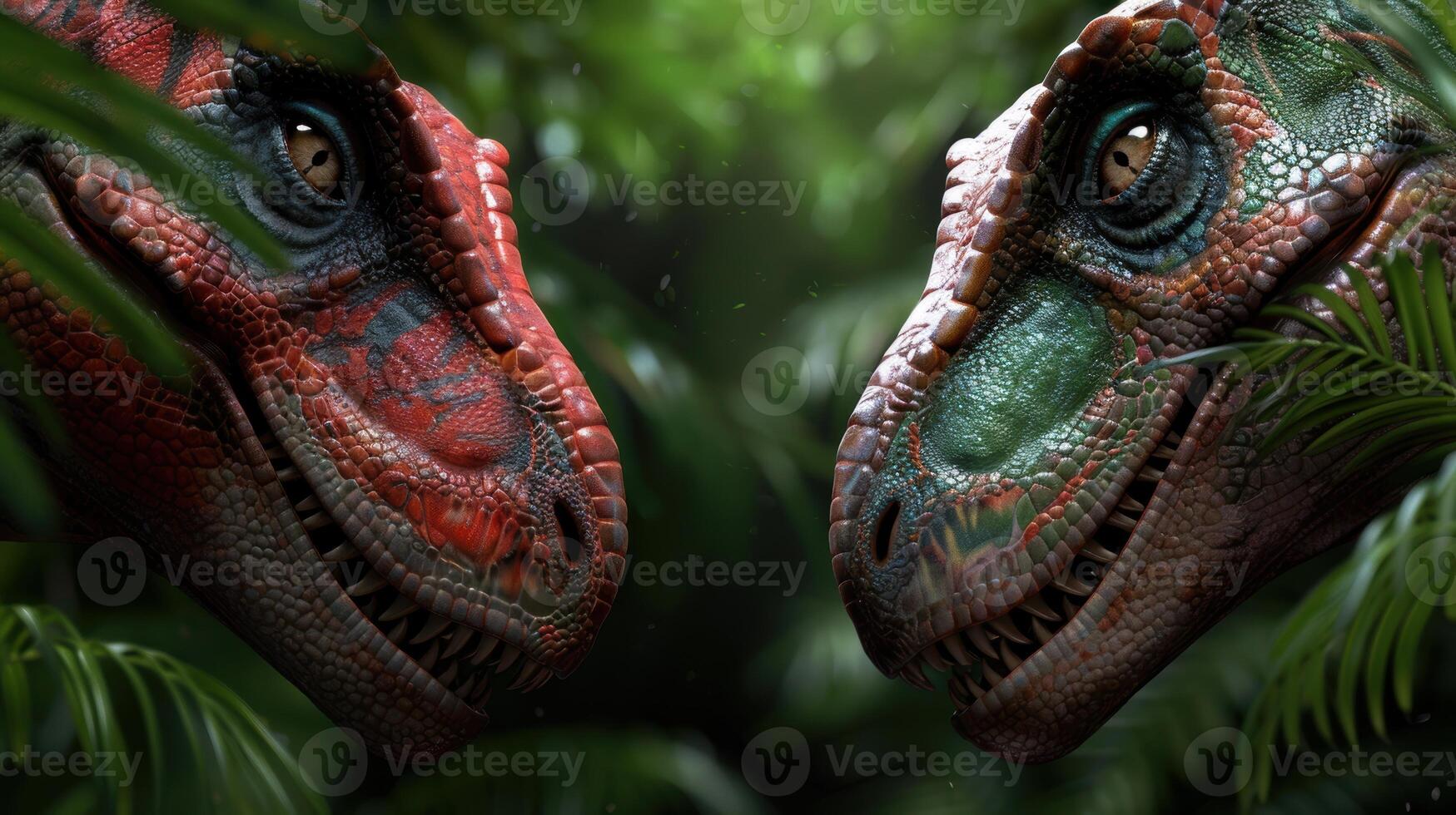 Close up of two colorful dinosaur like creatures in a lush, green environment photo