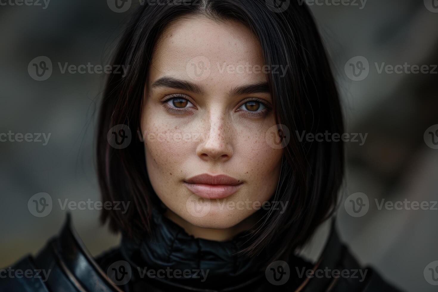 Thoughtful young woman with dark hair and freckles photo