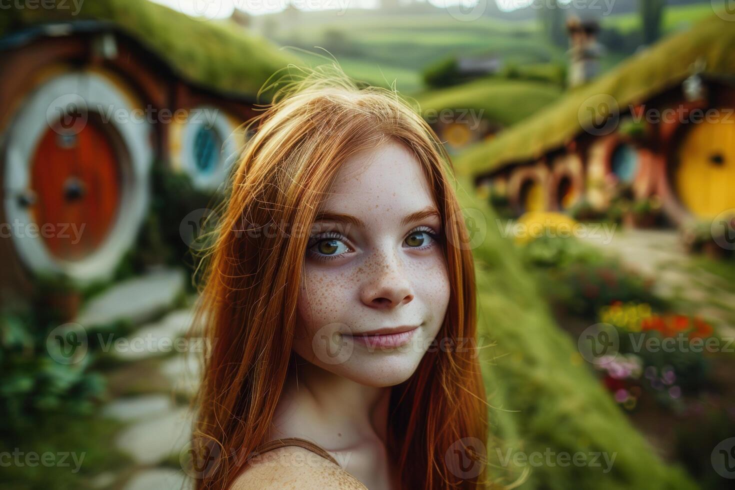 portrait of a young woman with red hair and freckles in a whimsical garden setting photo
