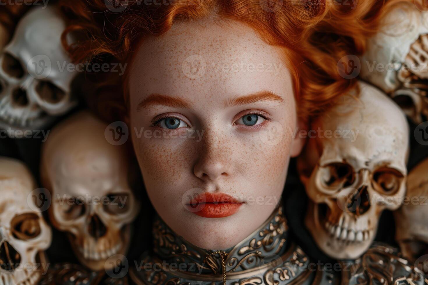 Mysterious redhead with ornate jewelry and skulls photo