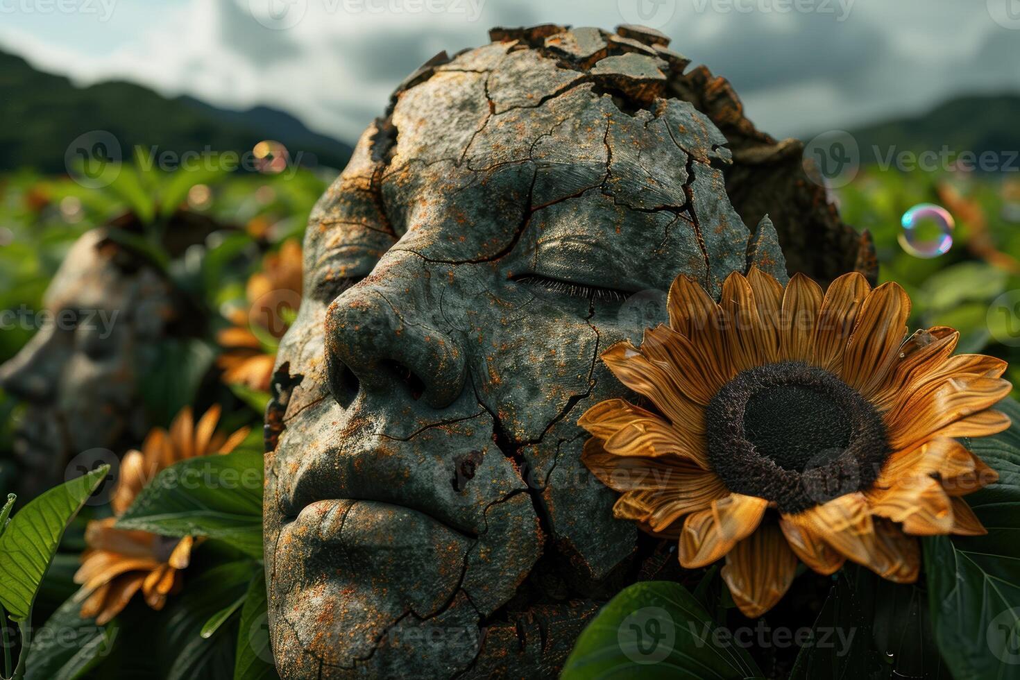 Weathered stone face with sunflowers photo