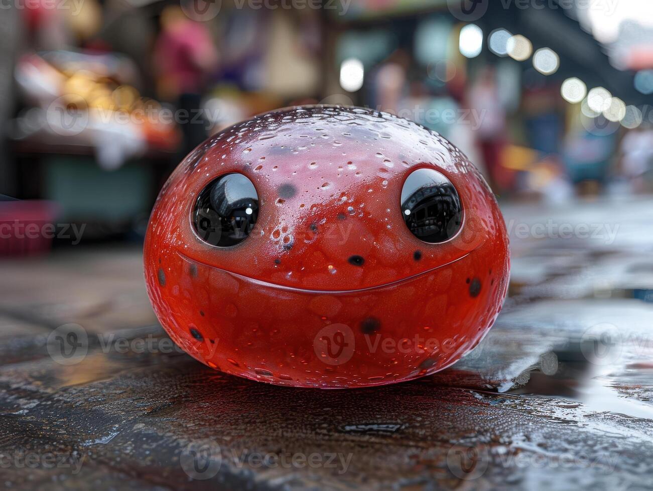 Cute and whimsical red frog figurine with large eyes and water droplets photo