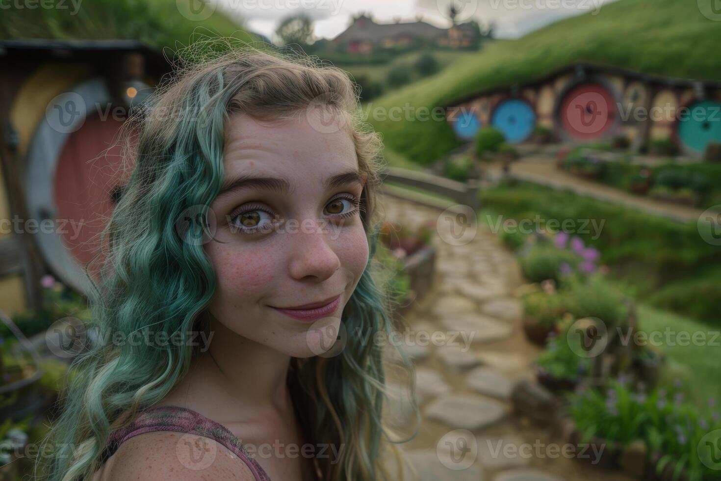 young woman with green dyed hair in colorful fantasy landscape photo