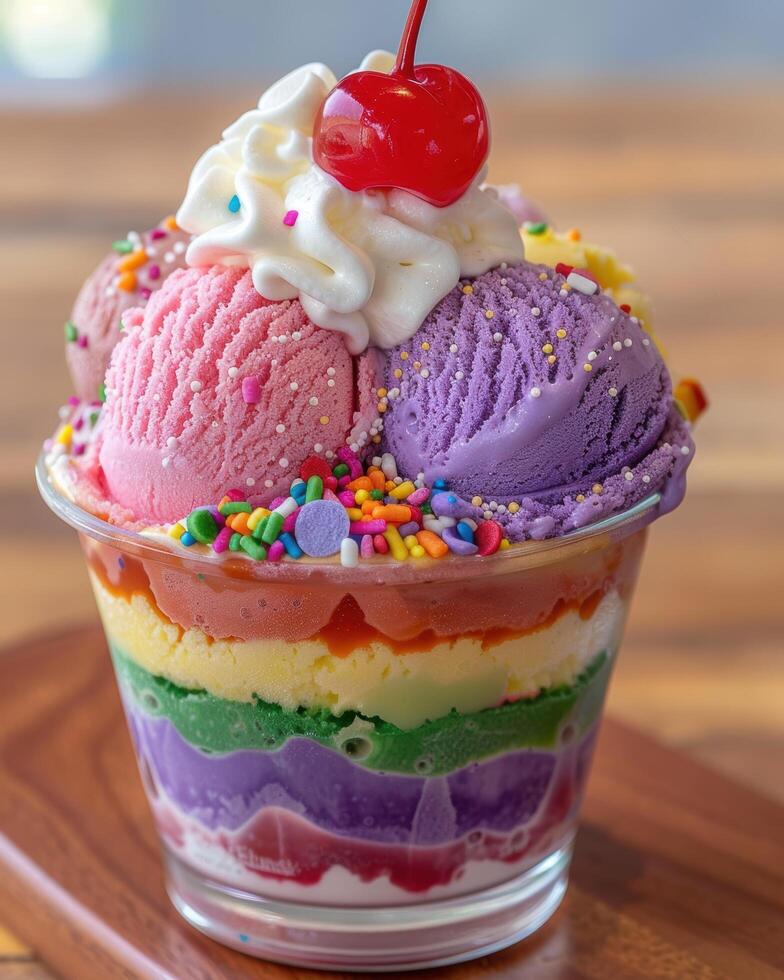 Colorful layered ice cream sundae with sprinkles and cherry on top photo