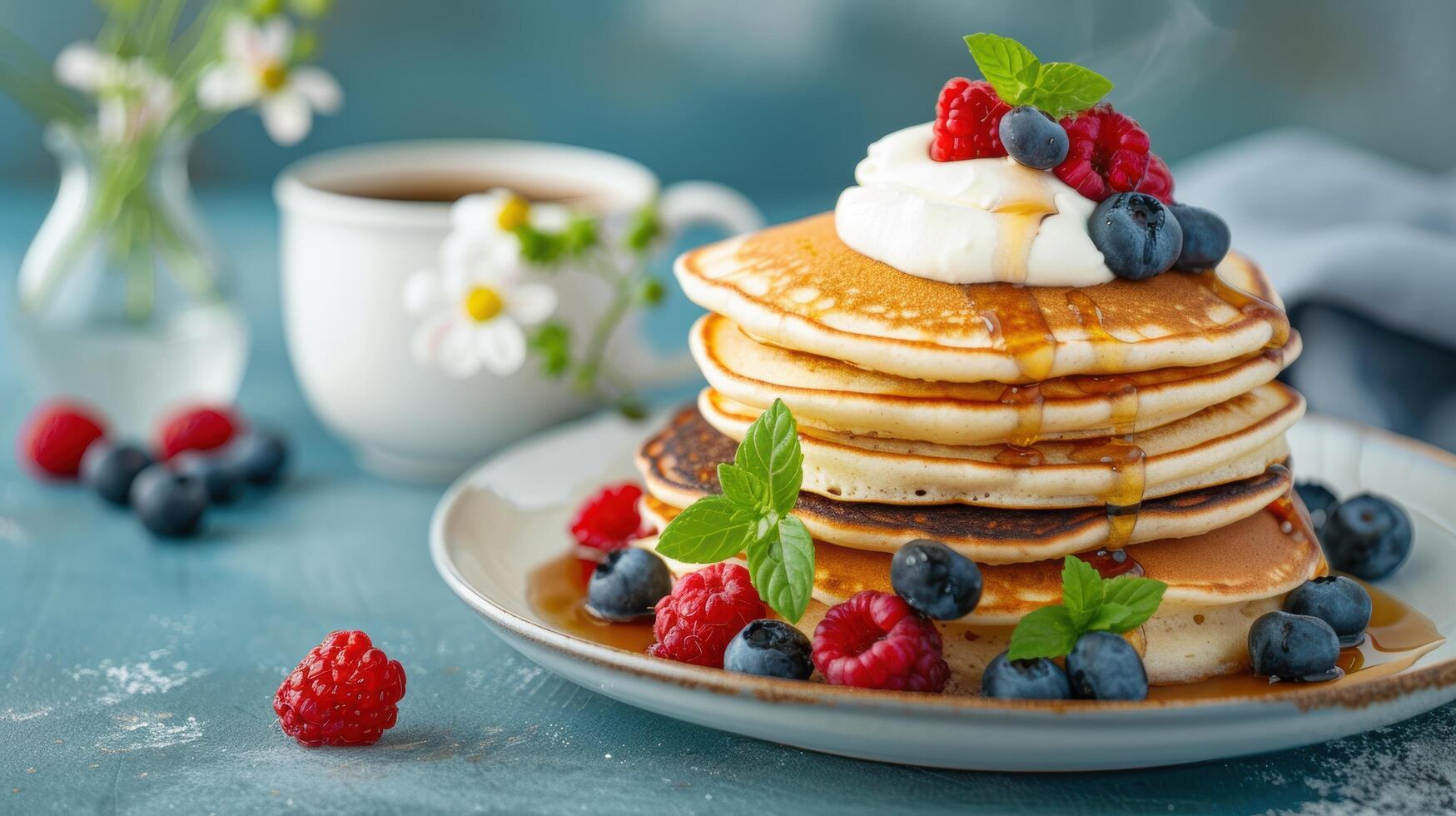 Delicious stack of pancakes with fresh berries and whipped cream photo