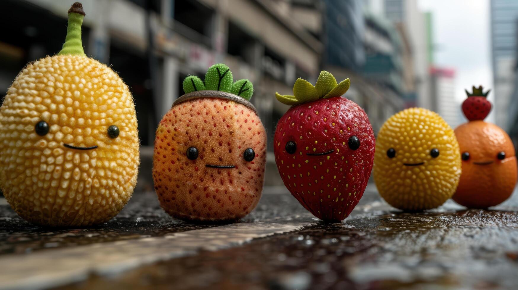Cute and colorful fruit characters on a wooden surface photo