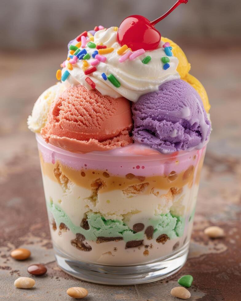 Colorful ice cream sundae with sprinkles and a cherry on top photo